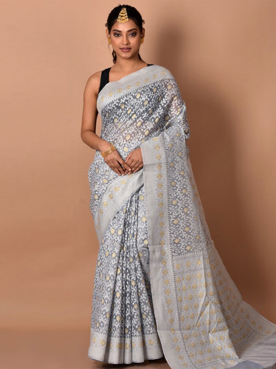 

AllSilks Woven Design Silk Blend Saree, Grey