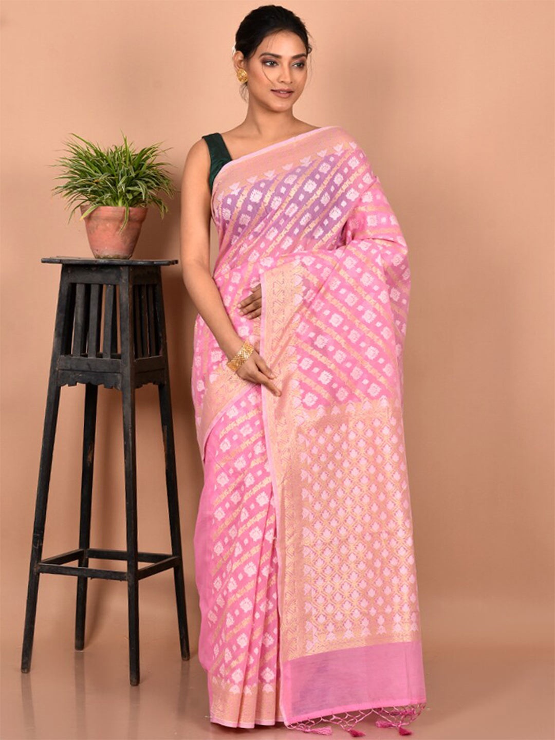 

AllSilks Woven Design Silk Blend Saree, Pink