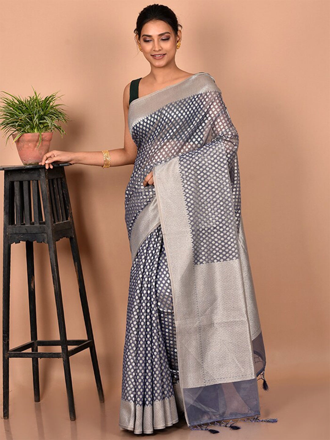 

AllSilks Woven Design Silk Blend Saree, Grey