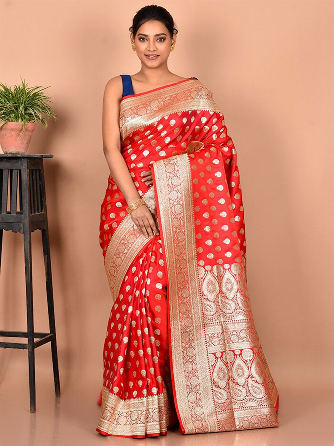 

AllSilks Woven Design Zari Silk Blend Banarasi Saree, Red