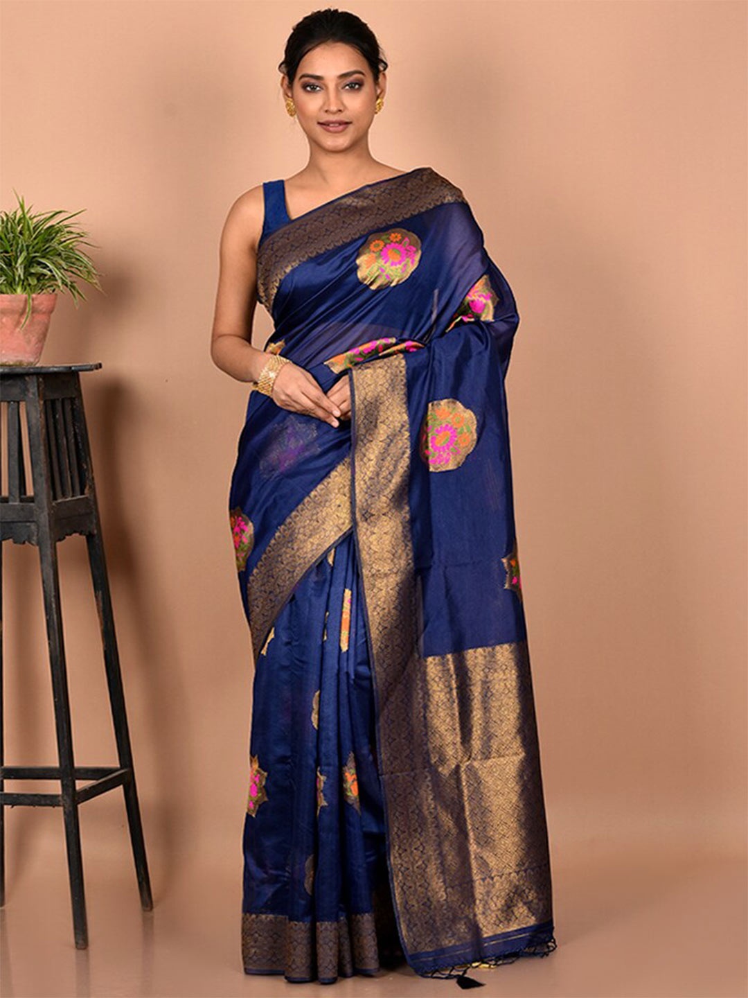 

AllSilks Woven Design Zari Silk Blend Saree, Blue