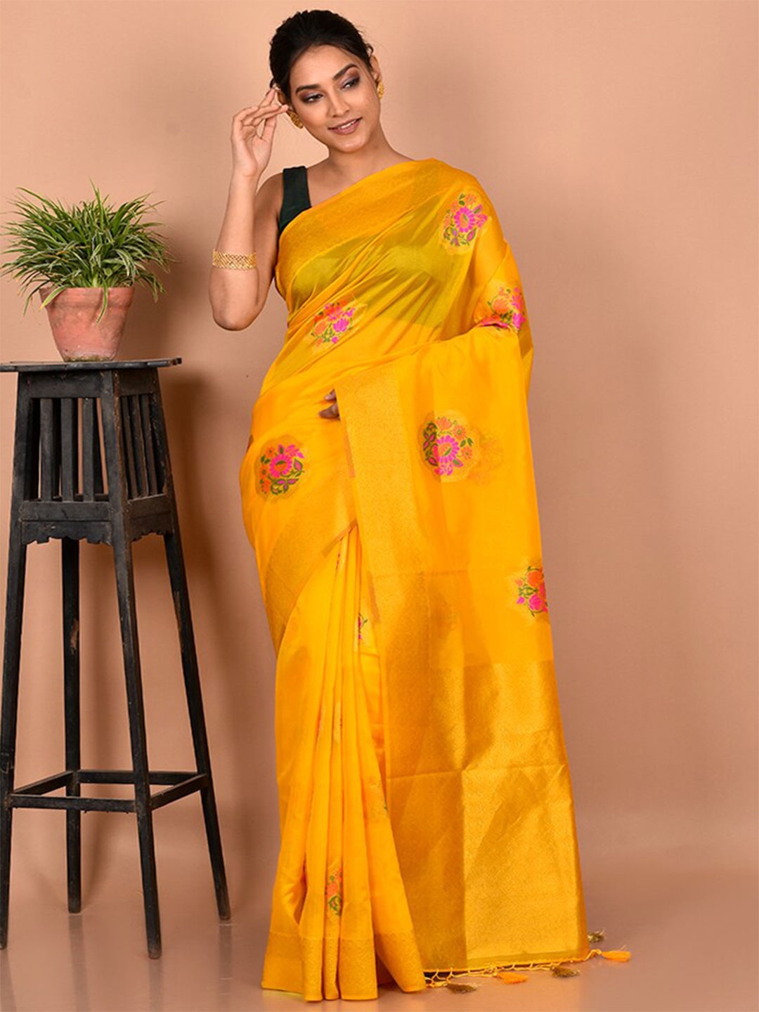 

AllSilks Woven Design Zari Silk Blend Saree, Yellow