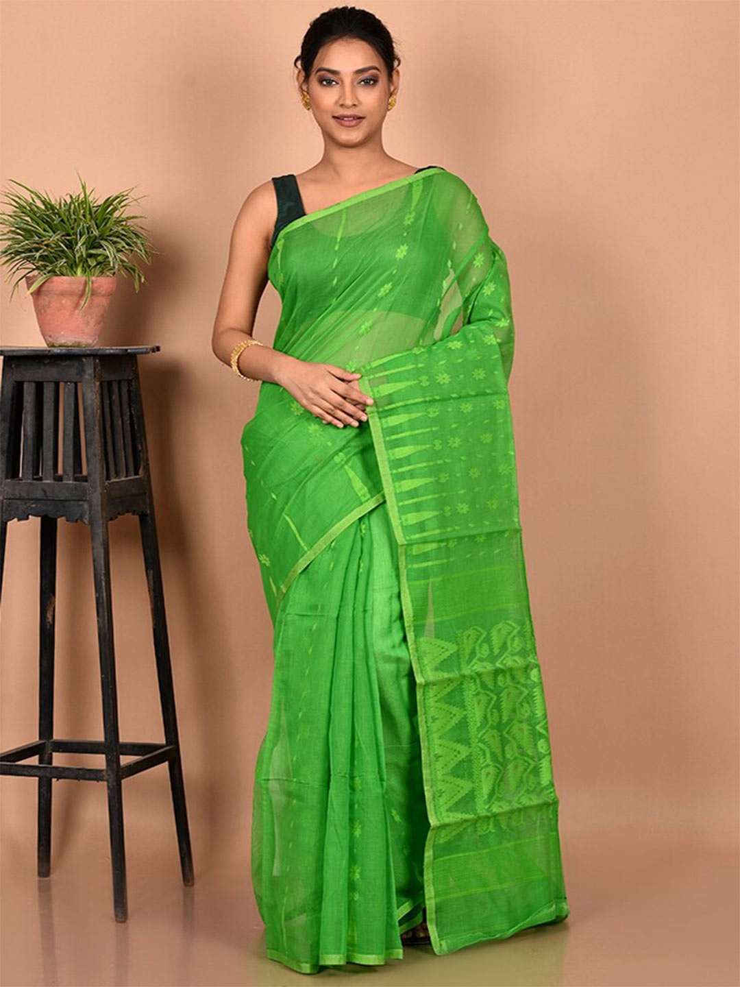 

AllSilks Woven Design Pure Cotton Taant Saree, Green