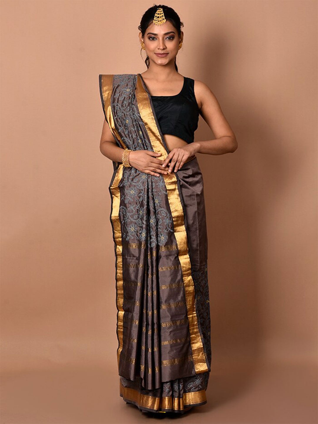 

AllSilks Woven Design Zari Kanjeevaram Saree, Grey