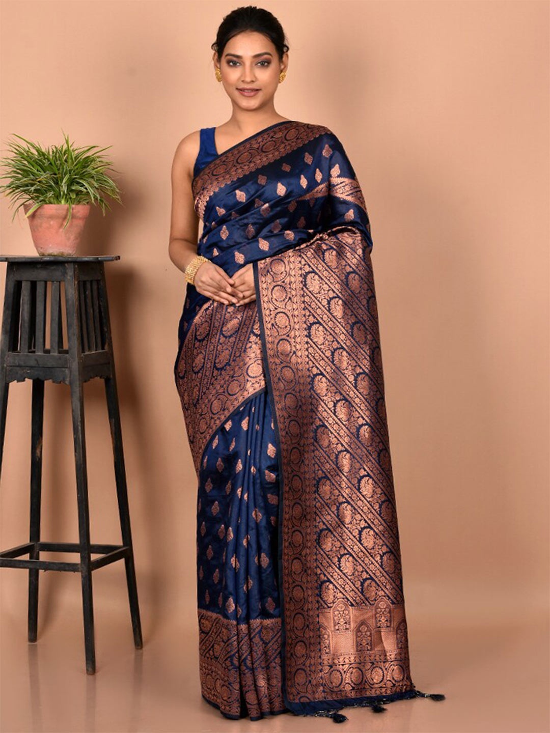 

AllSilks Woven Design Zari Saree, Navy blue
