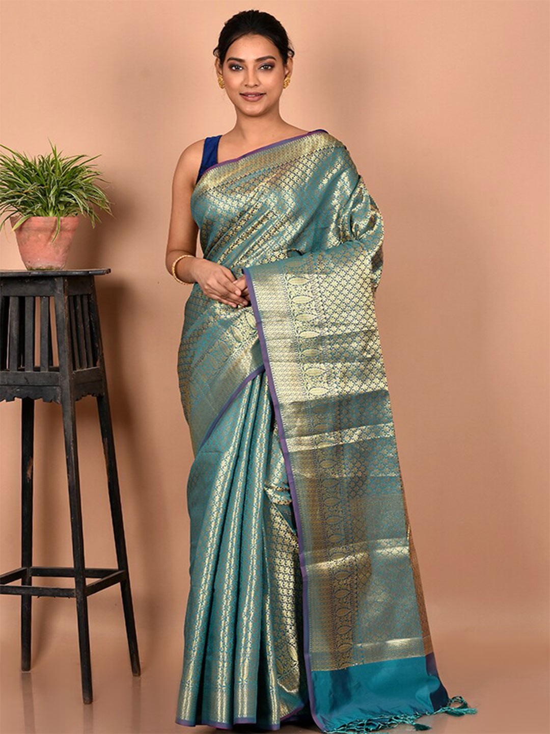 

AllSilks Ethnic Motifs Zari Silk Blend Saree, Sea green