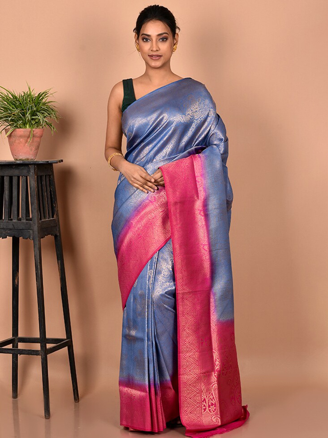 

AllSilks Woven Design Zari Silk Blend Saree, Blue