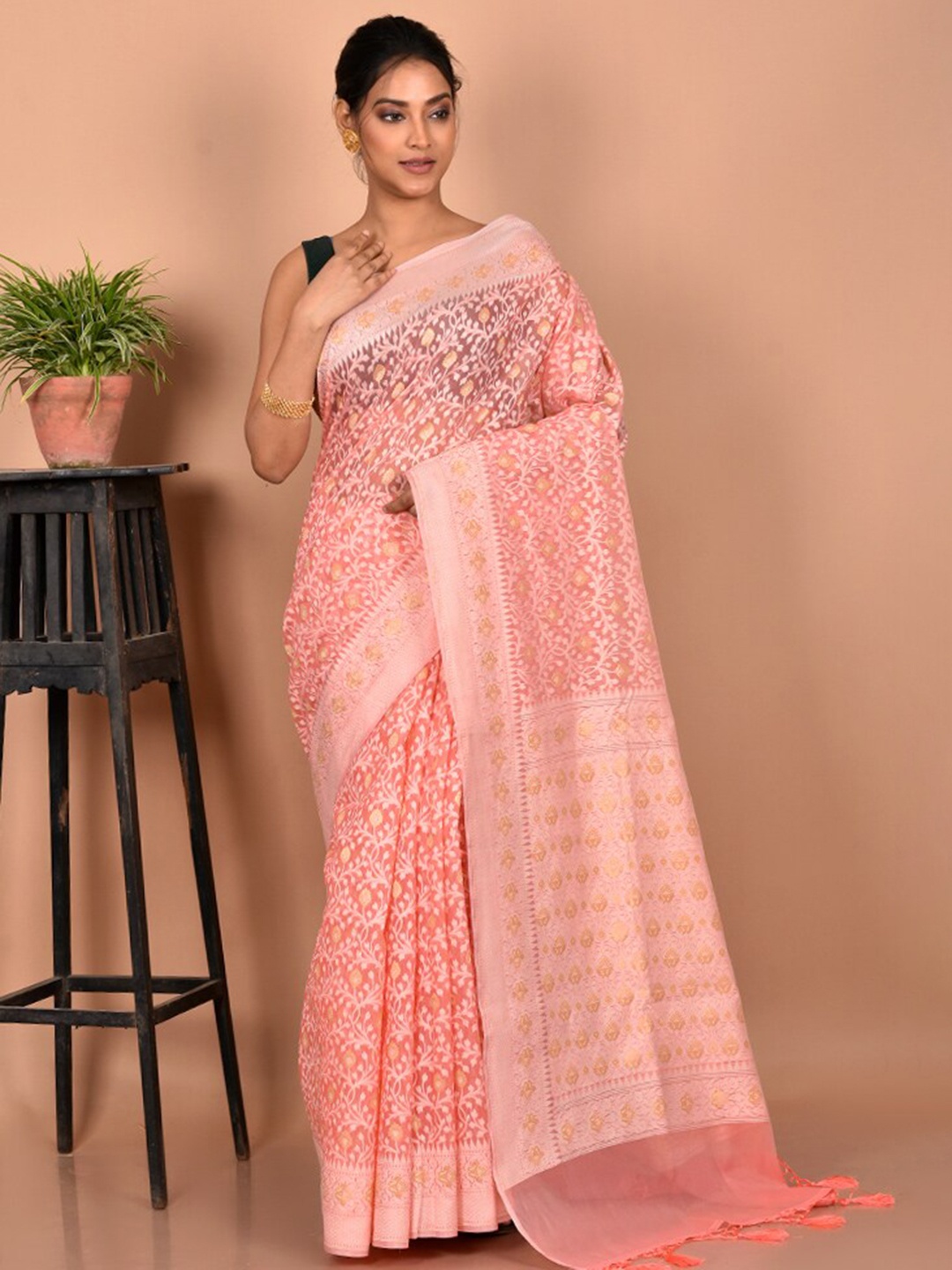 

AllSilks Ethnic Motifs Zari Silk Blend Saree, Pink