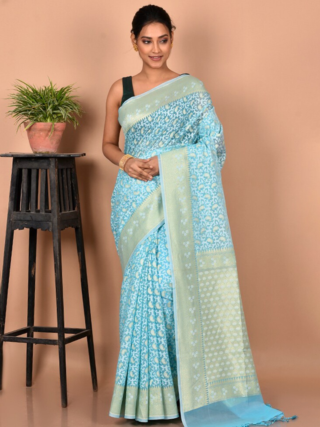 

AllSilks Ethnic Motifs Zari Silk Blend Saree, Blue