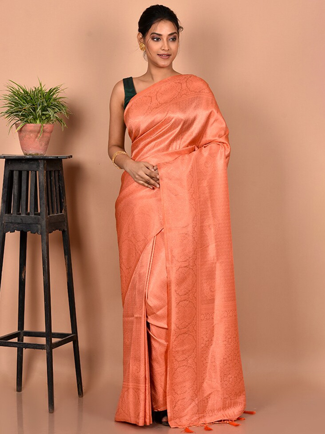 

AllSilks Woven Design Zari Silk Blend Saree, Peach