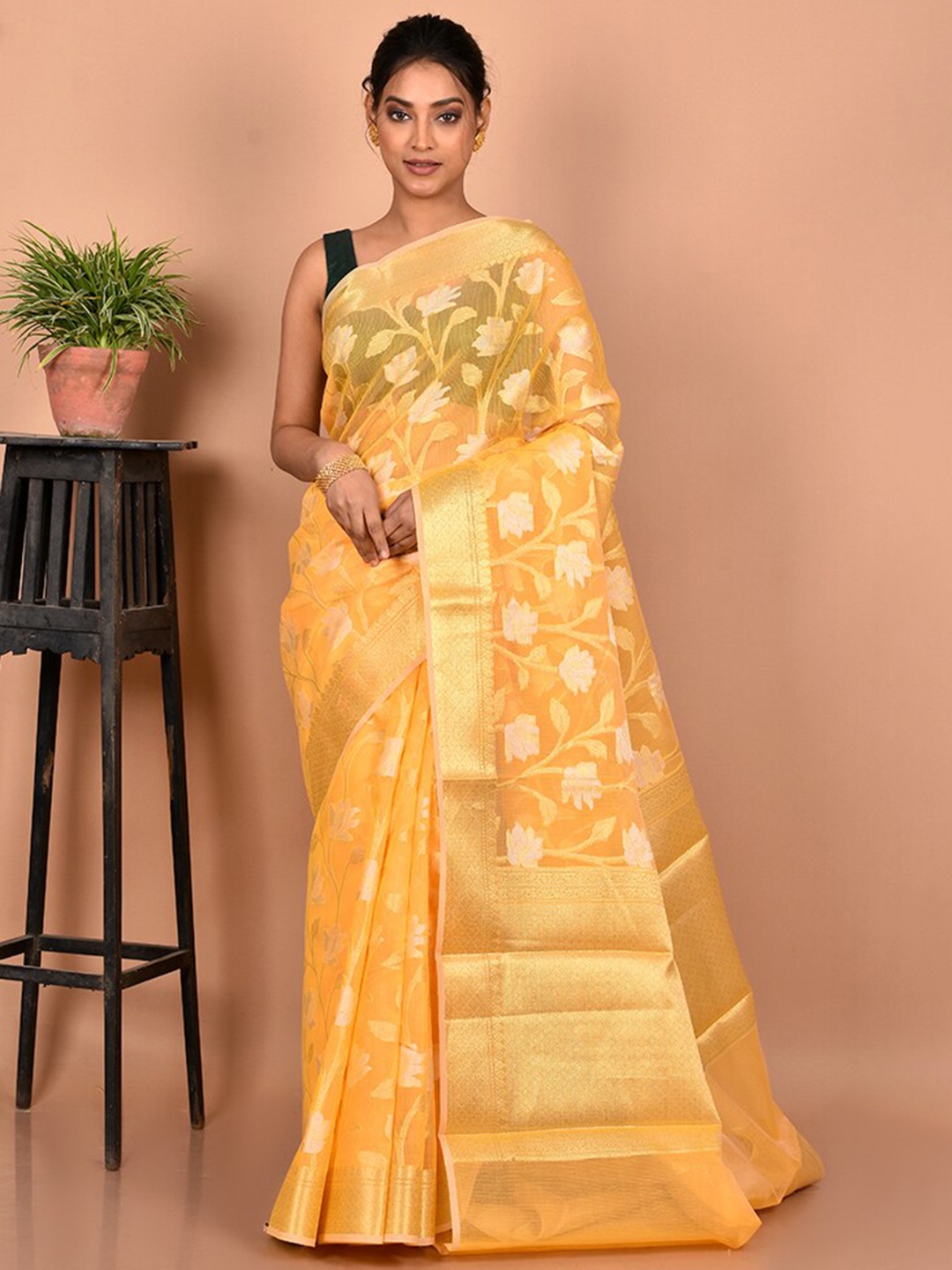 

AllSilks Woven Design Zari Silk Blend Saree, Yellow
