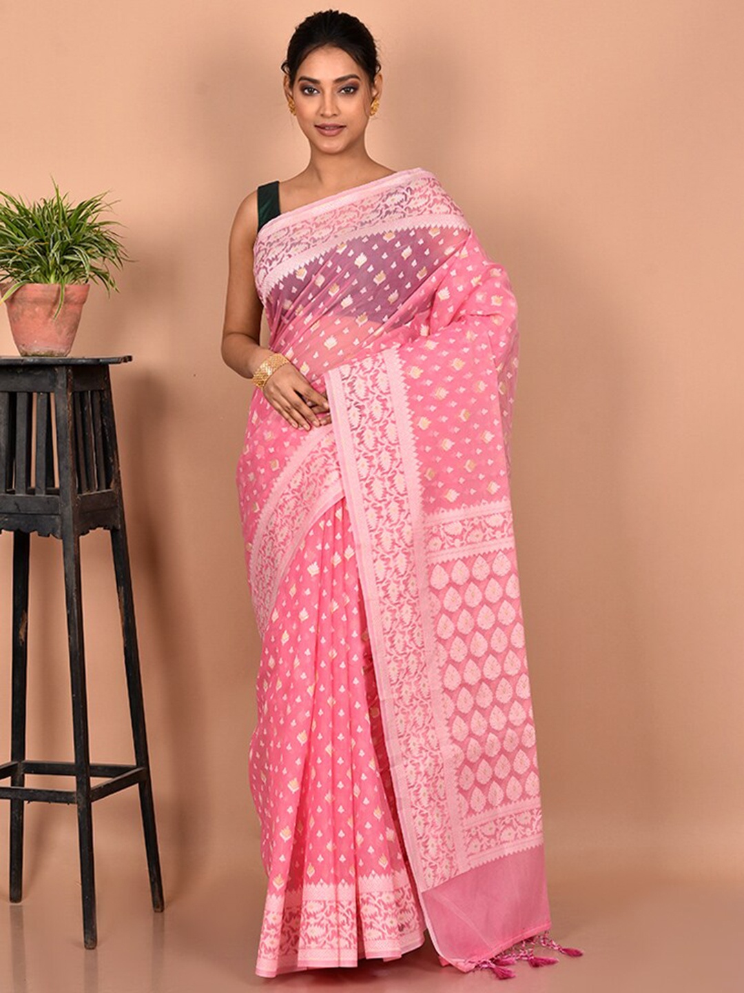 

AllSilks Woven Design Zari Silk Blend Saree, Pink