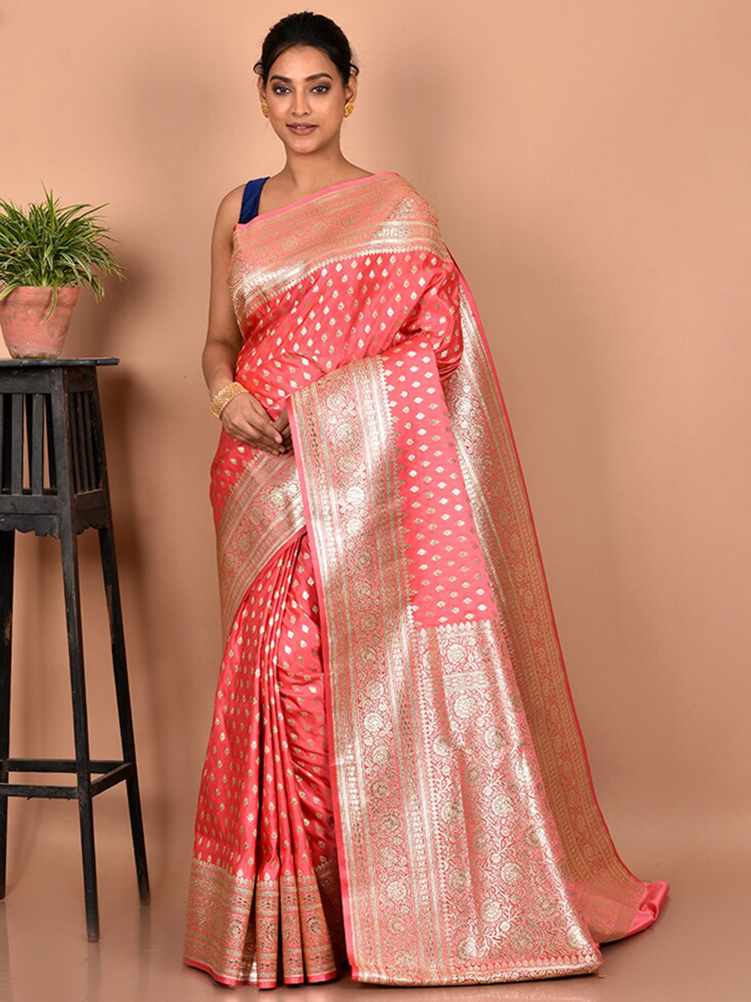 

AllSilks Woven Design Zari Silk Blend Banarasi Saree, Pink