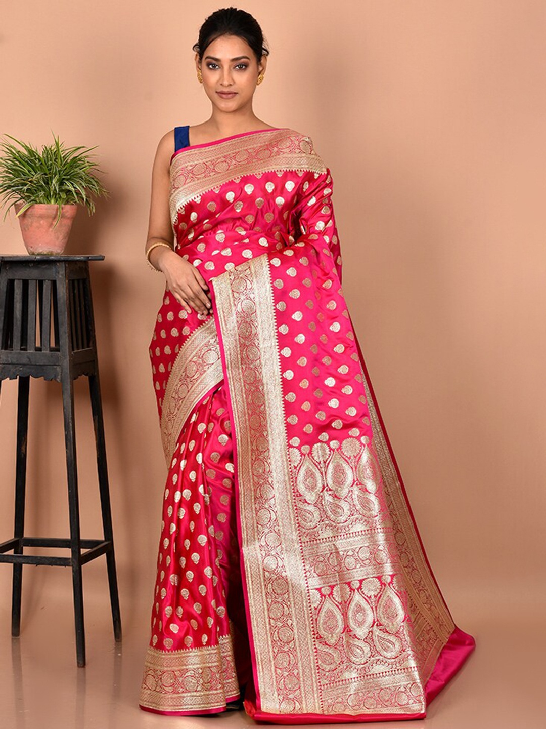 

AllSilks Woven Design Zari Silk Blend Banarasi Saree, Pink