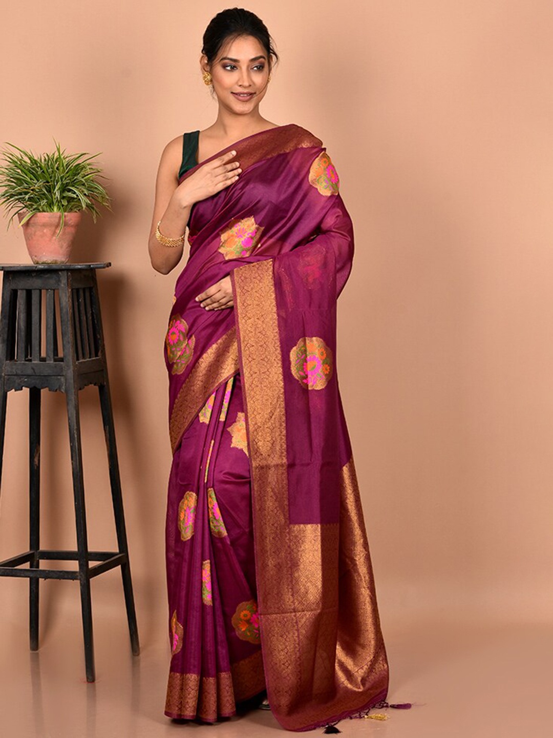 

AllSilks Purple & Pink Woven Design Zari Silk Blend Saree