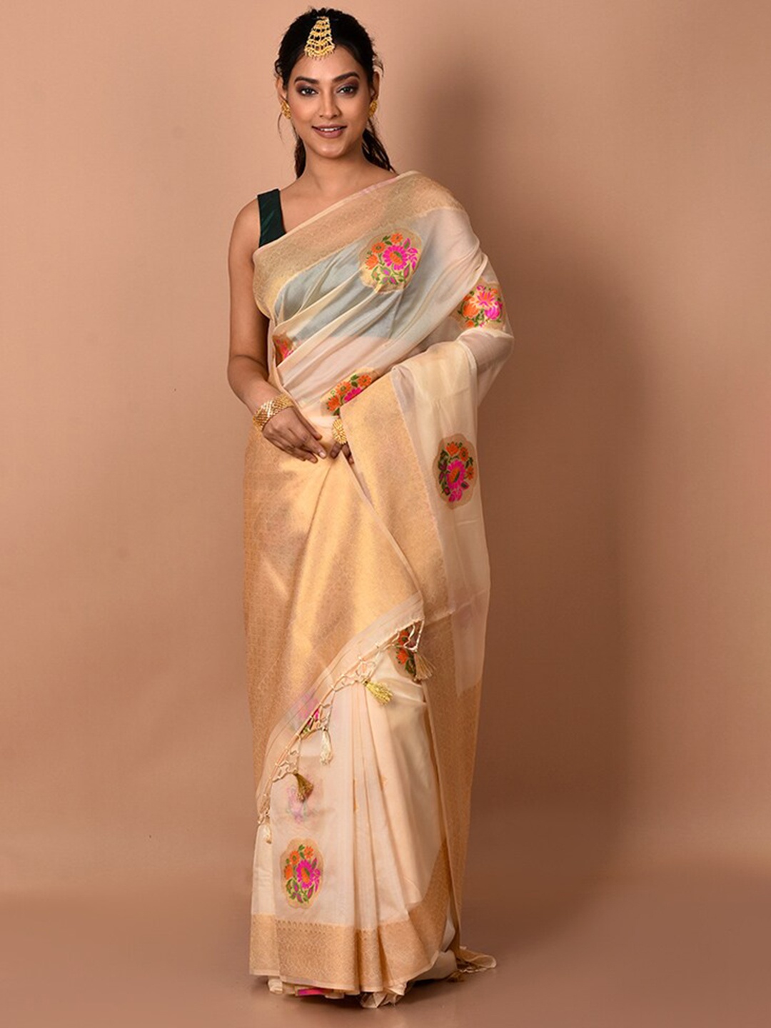 

AllSilks Woven Design Zari Silk Blend Saree, Cream