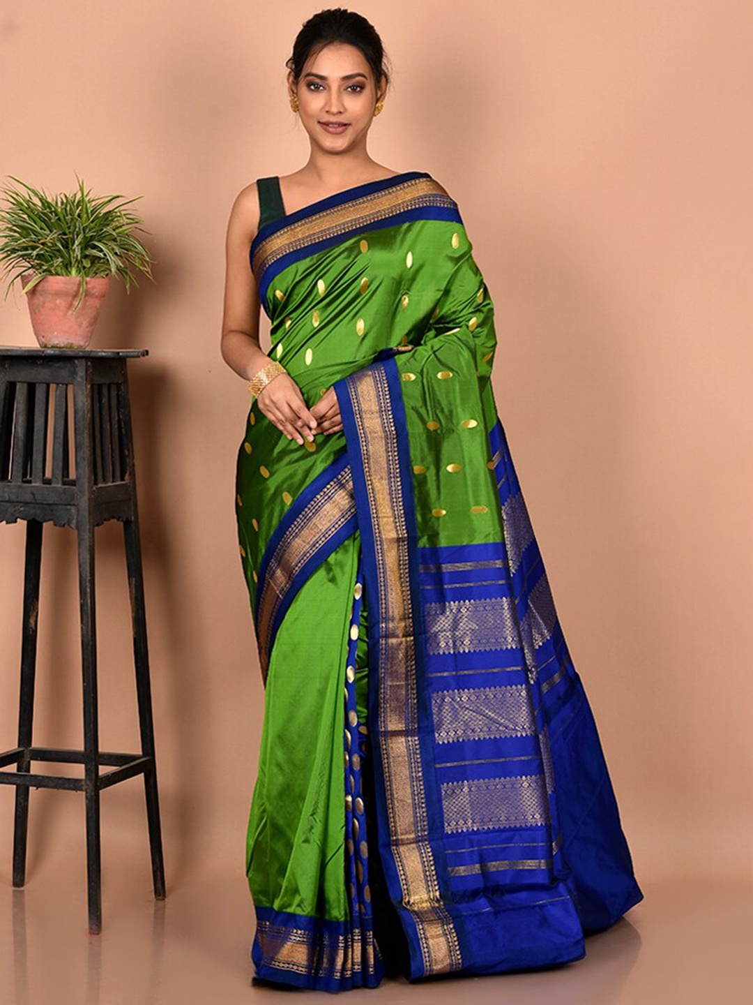 

AllSilks Green & Navy Blue Woven Design Zari Silk Blend Kanjeevaram Saree