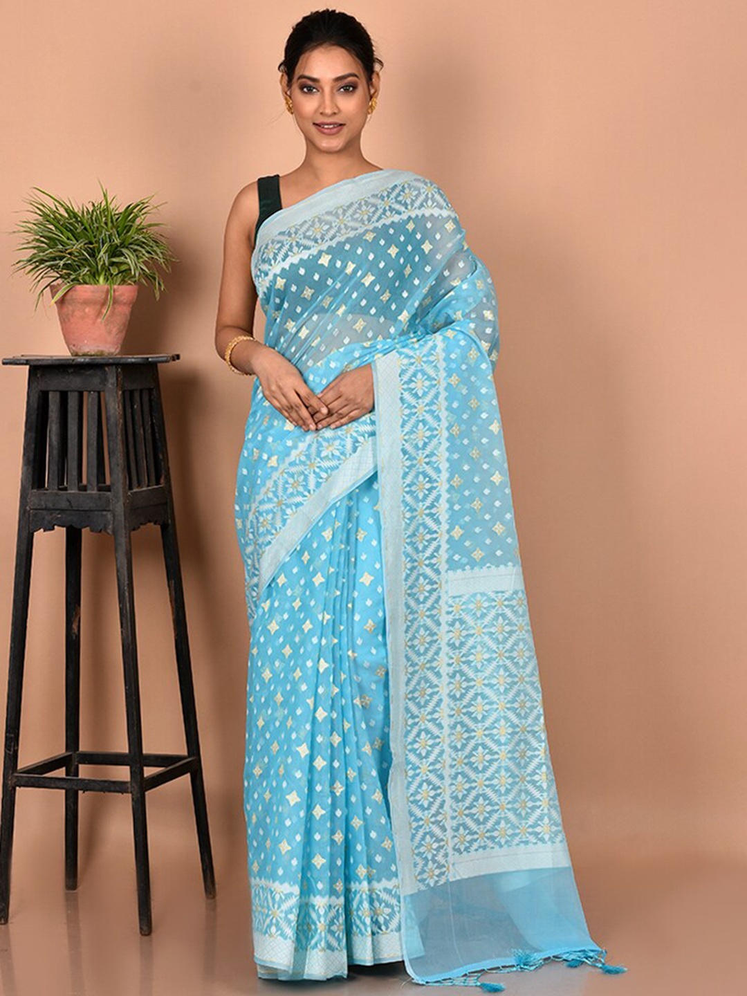 

AllSilks Woven Design Zari Silk Blend Saree, Blue
