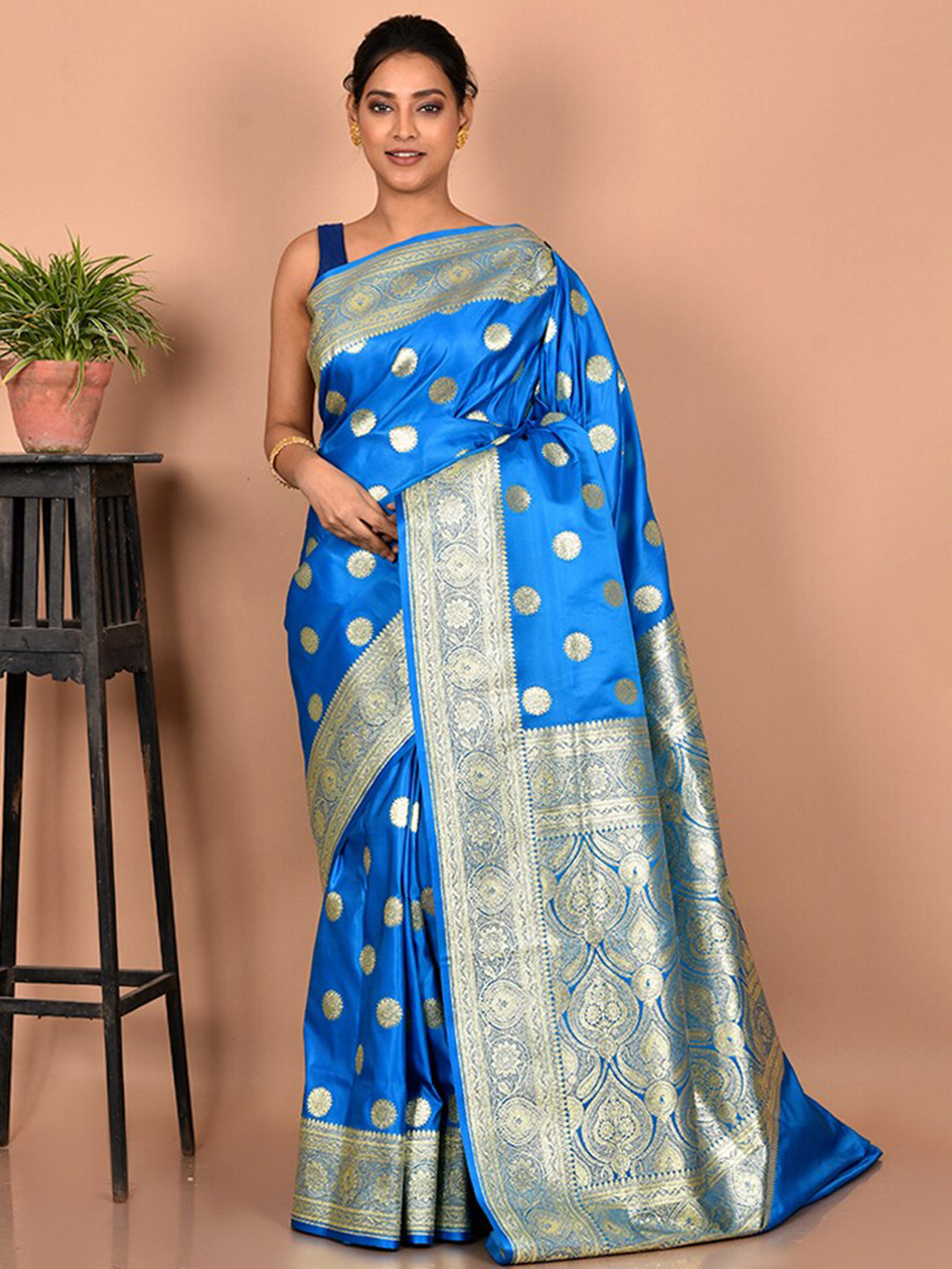 

AllSilks Woven Design Zari Silk Blend Banarasi Saree, Blue