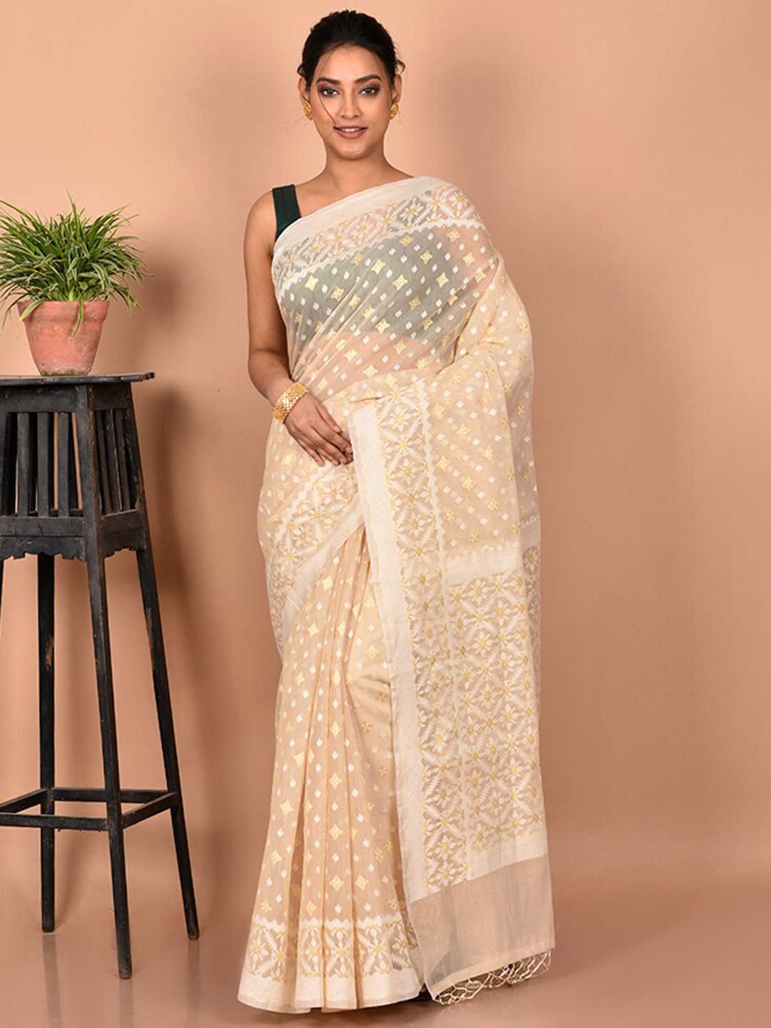 

AllSilks Woven Design Zari Silk Blend Saree, Cream