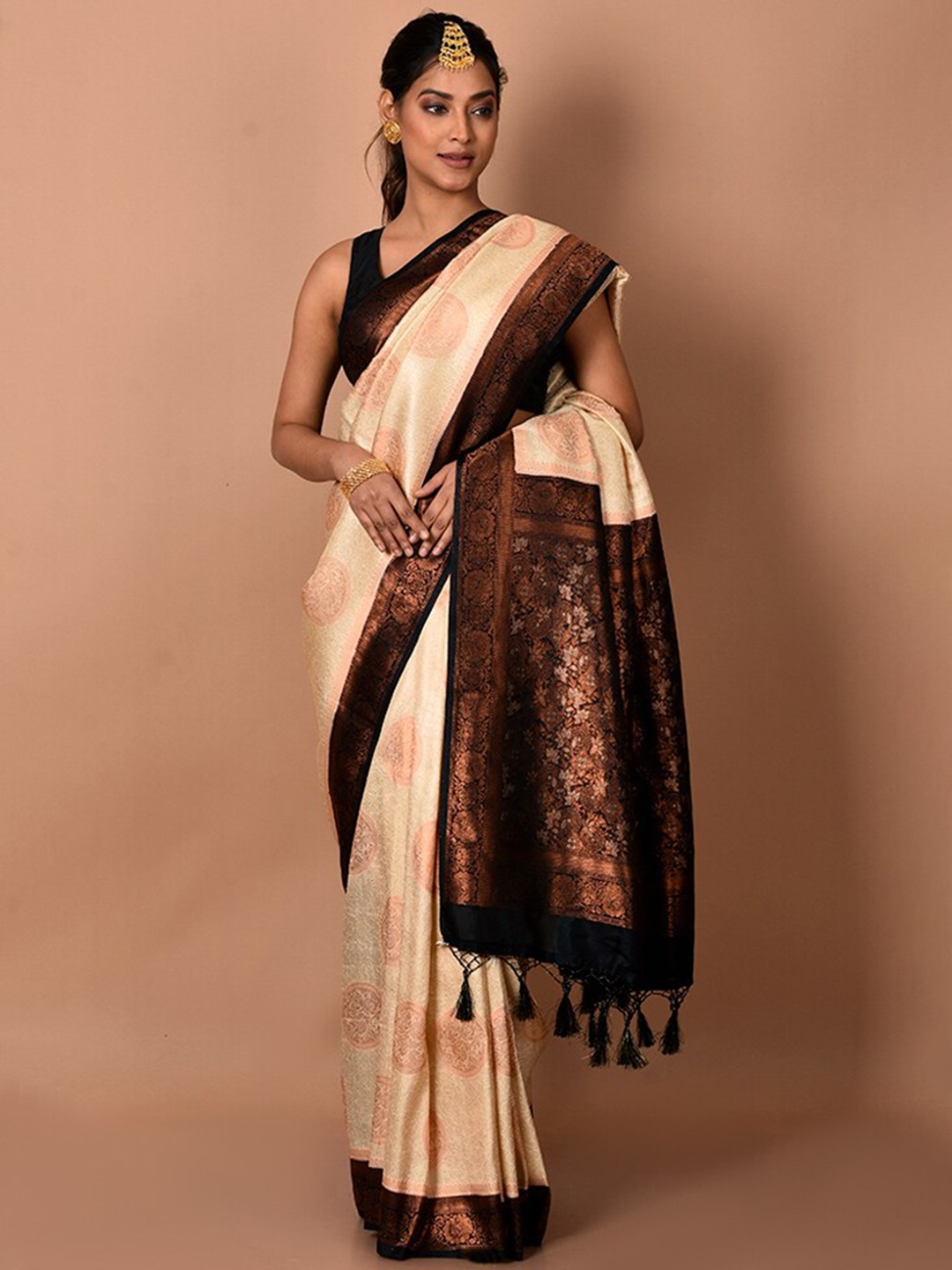 

AllSilks Beige & Black Woven Design Zari Silk Blend Saree