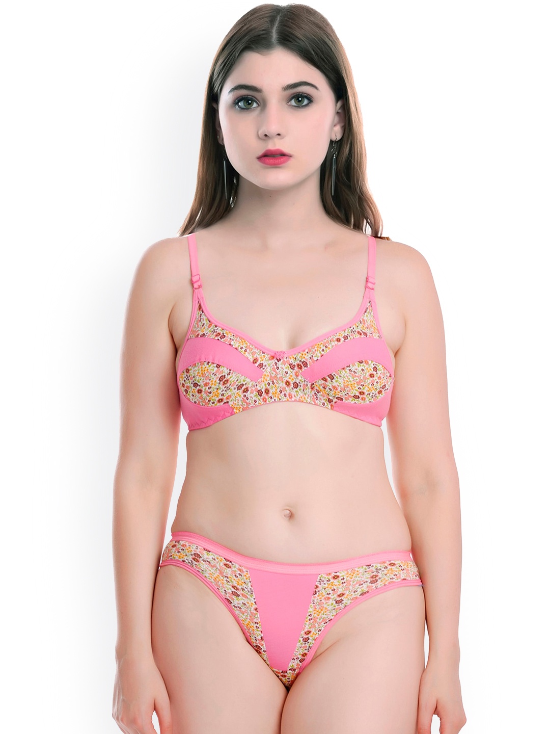 

AROUSY Women Printed Non Padded Cotton Lingerie Set, Pink