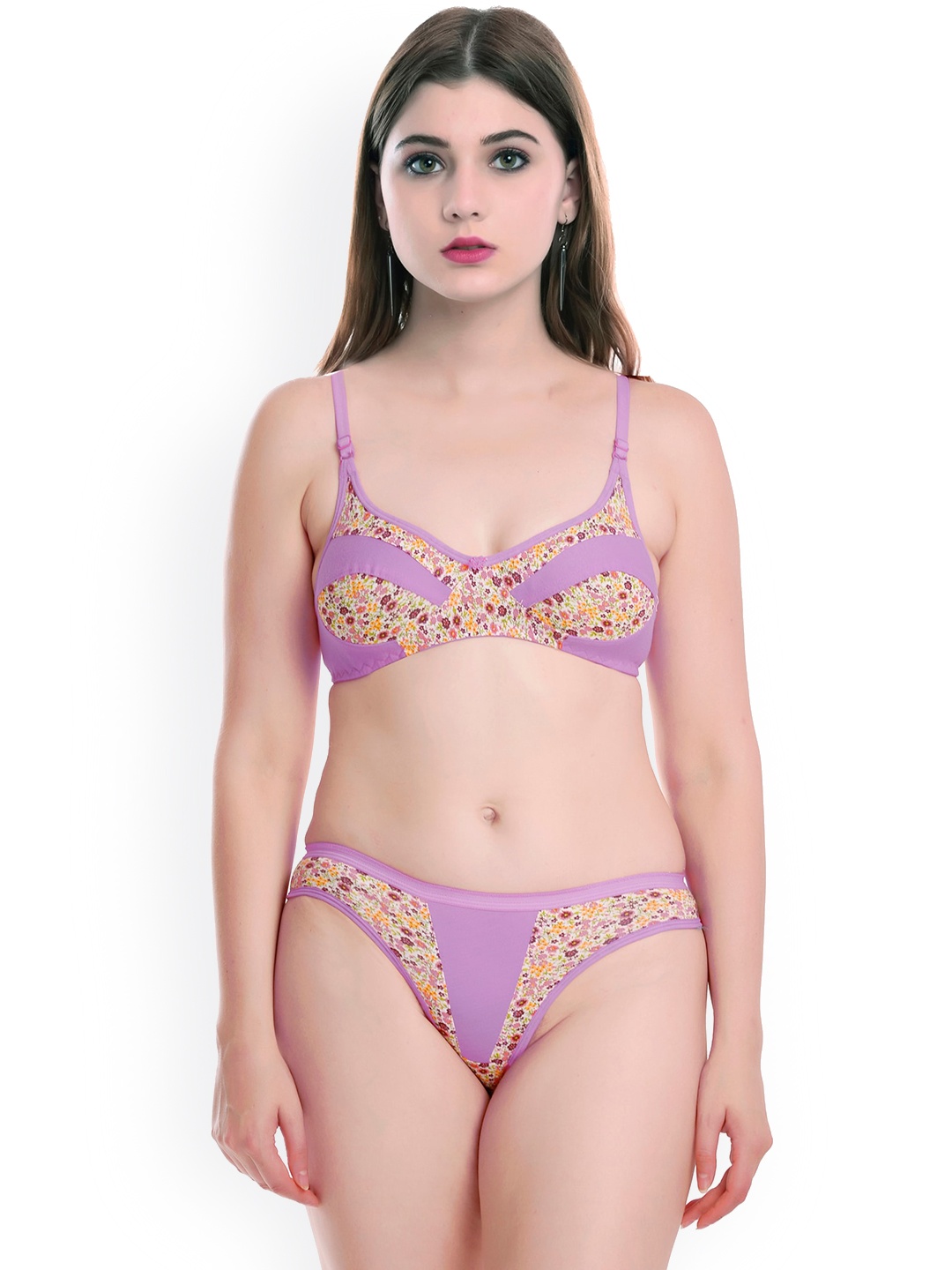 

AROUSY Women Printed Non Padded Cotton Lingerie Set, Purple