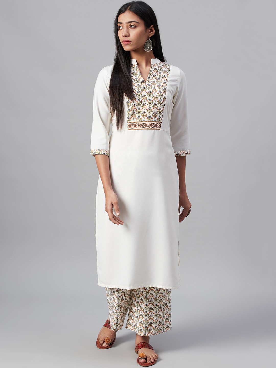 

ZIYAA Floral Yoke Design Mandarin Collar Straight Regular Kurta, Off white