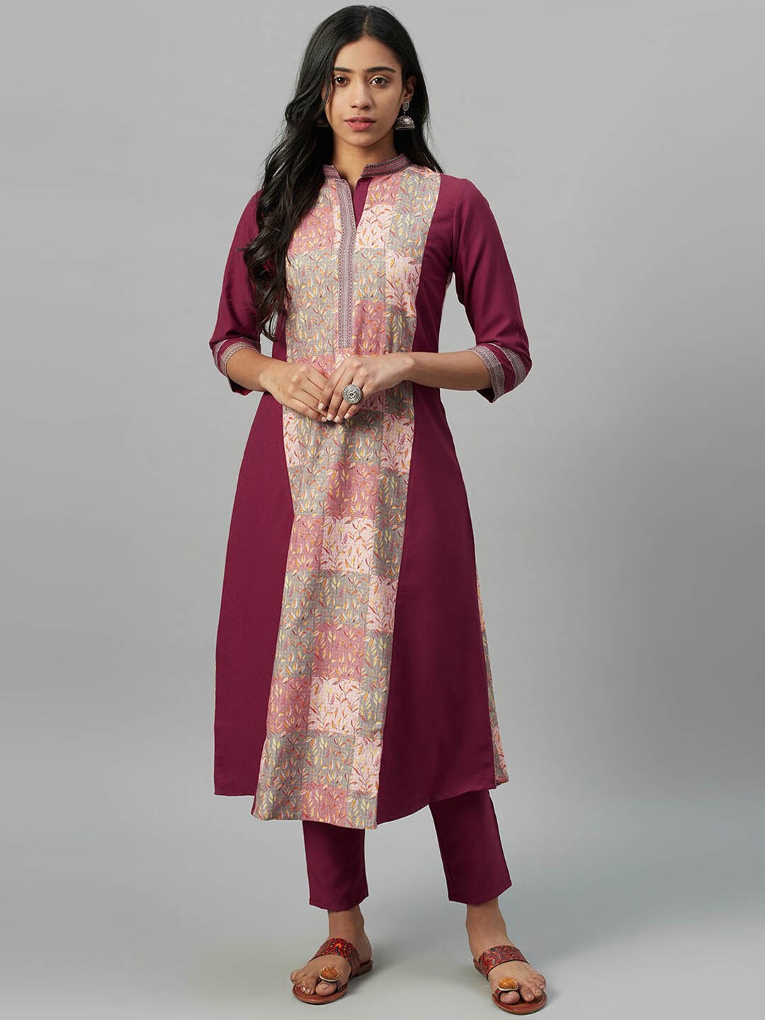 

ZIYAA Floral Printed A-line Mandarin Collar Kurta, Maroon