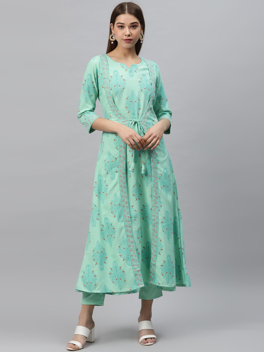 

ZIYAA Floral Printed A-Line Layered Kurta, Green