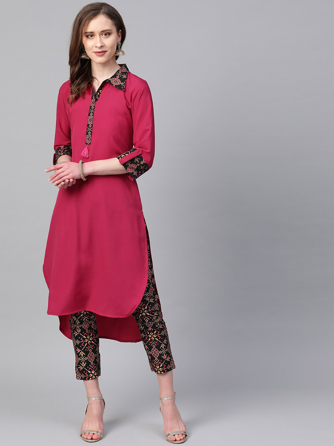 

ZIYAA Ethnic Motifs Shirt Collar Panelled Pathani Kurta, Pink