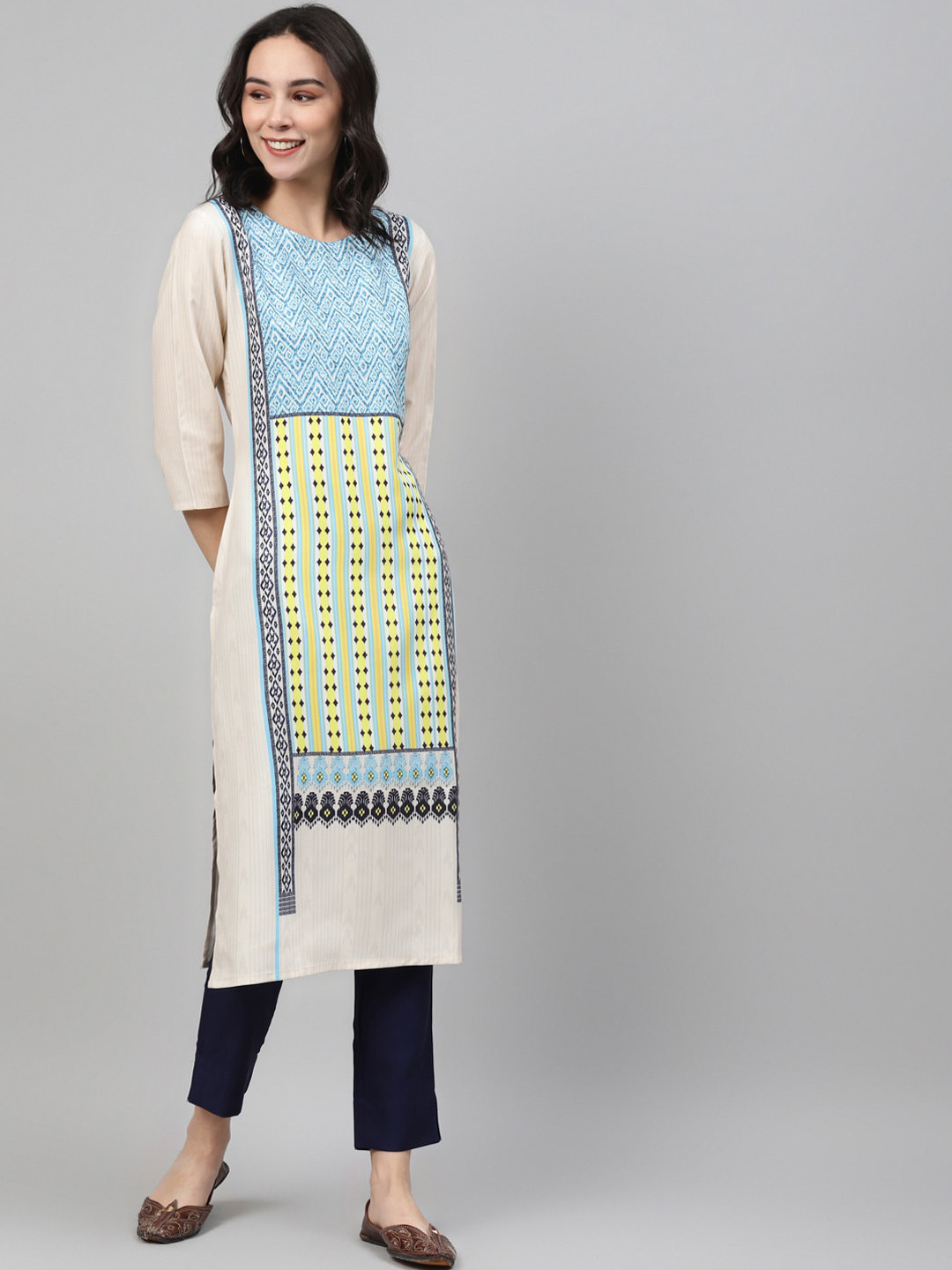 

ZIYAA Ethnic Motifs Printed Straight Regular Fit Kurta, Off white