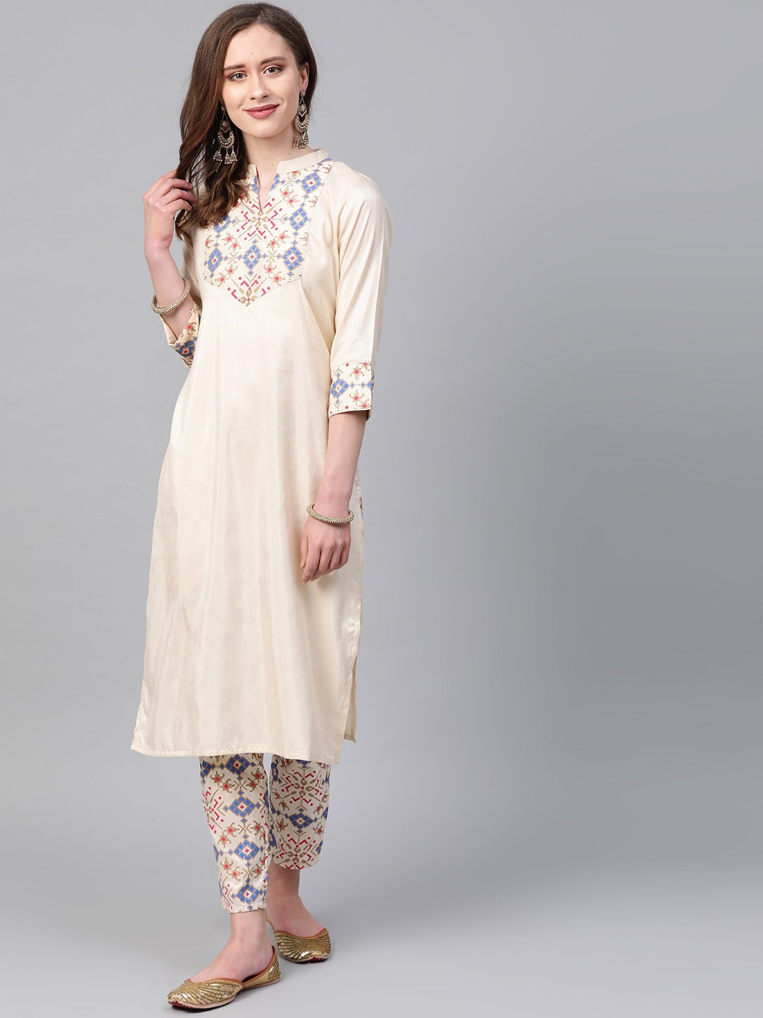 

ZIYAA Band Collar Floral Yoke Design Anarkali Art Silk Kurta, Cream