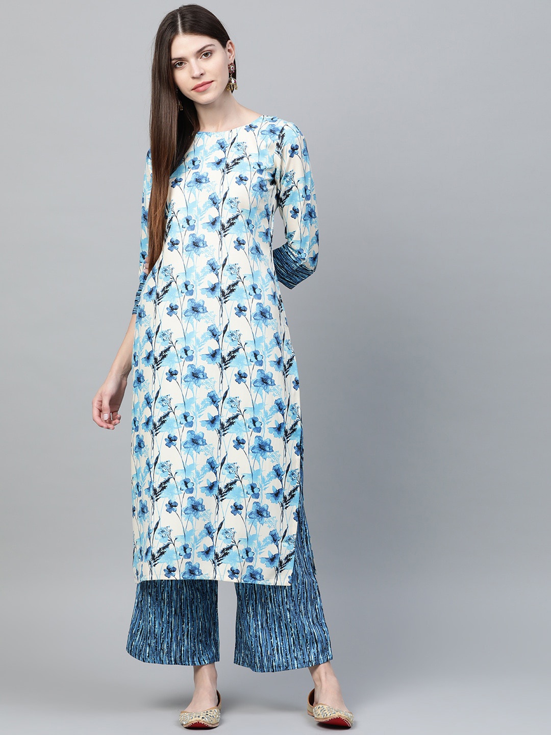 

ZIYAA Floral Printed Round Neck Straight Regular Kurta, Blue