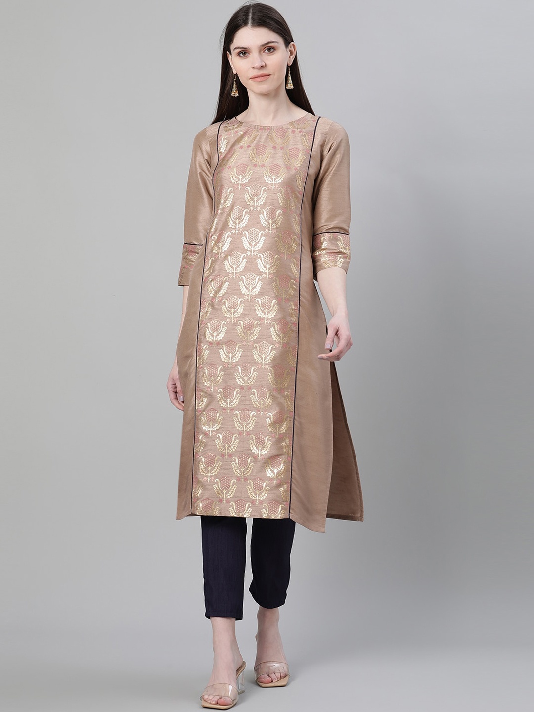 

ZIYAA Boat Neck Ethinic Motifs Printed Art Silk Kurta, Brown