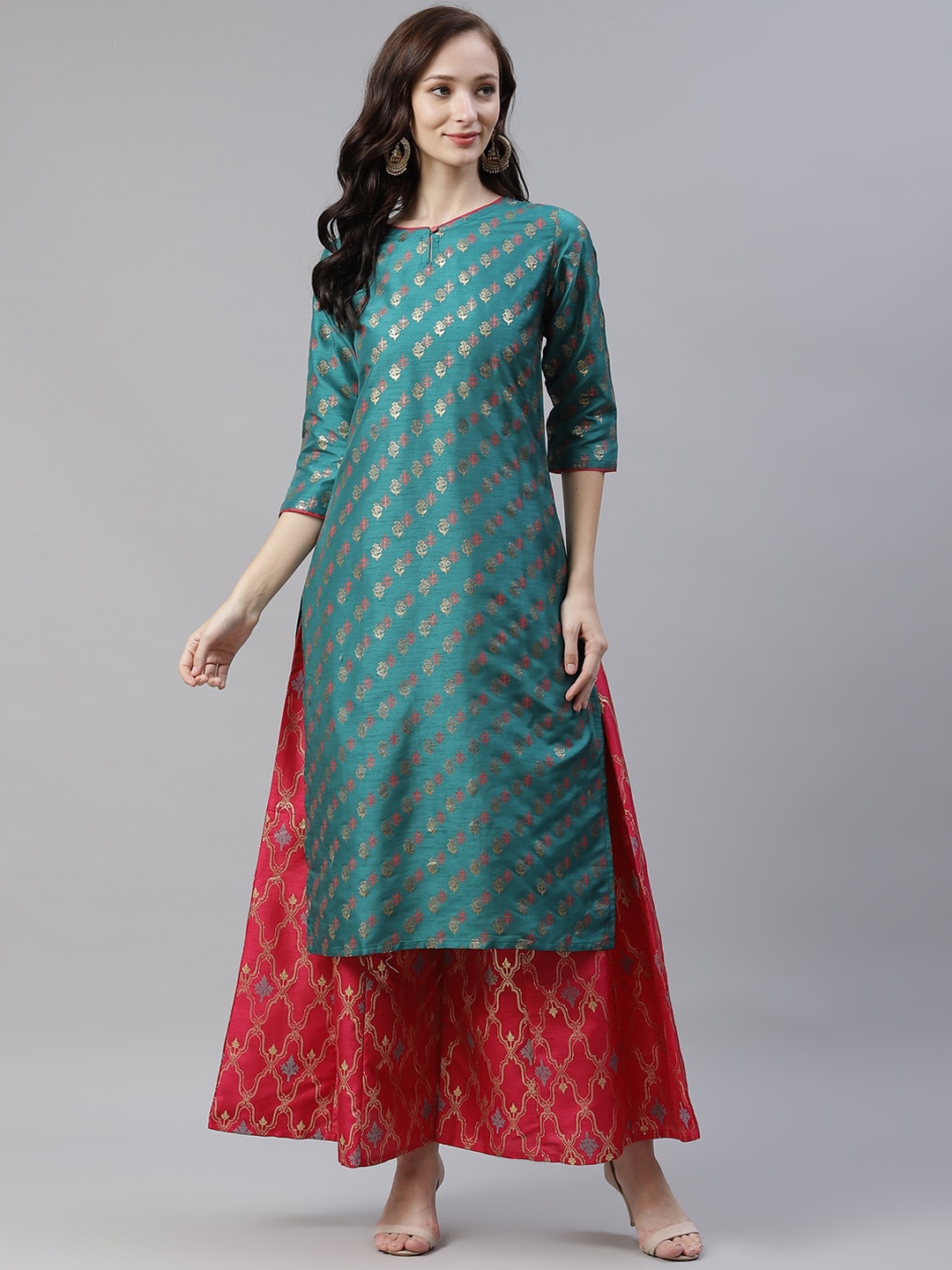 

ZIYAA Ethnic Motifs Printed Zari Regular Kurta, Green