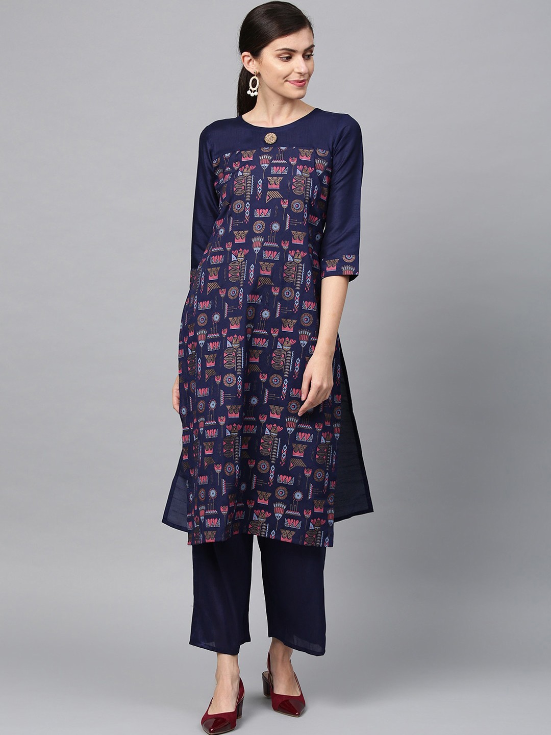 

ZIYAA Ethnic Motifs Printed Keyhole Neck A-Line Regular Kurta, Navy blue