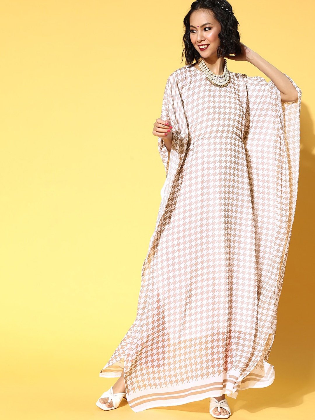 

ZIYAA Checked Flared Sleeves Georgette Kaftan Kurta, Pink