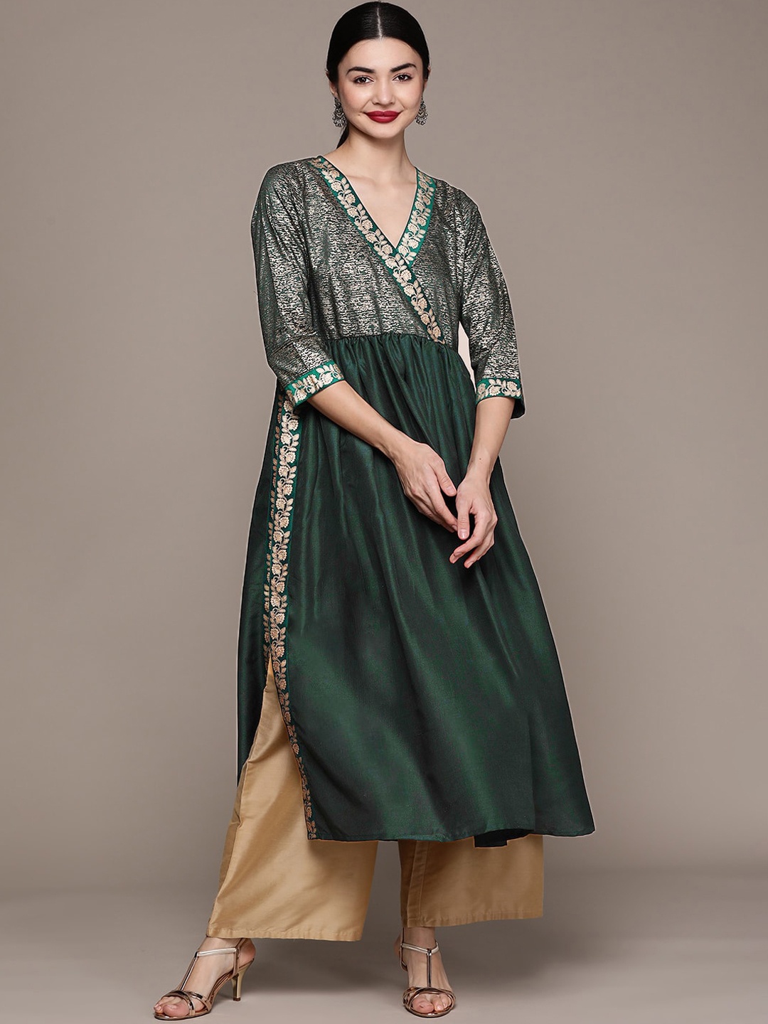 

ZIYAA Ethnic Motifs Flared Sleeves Gotta Patti Anarkali Angrakha Kurta, Green