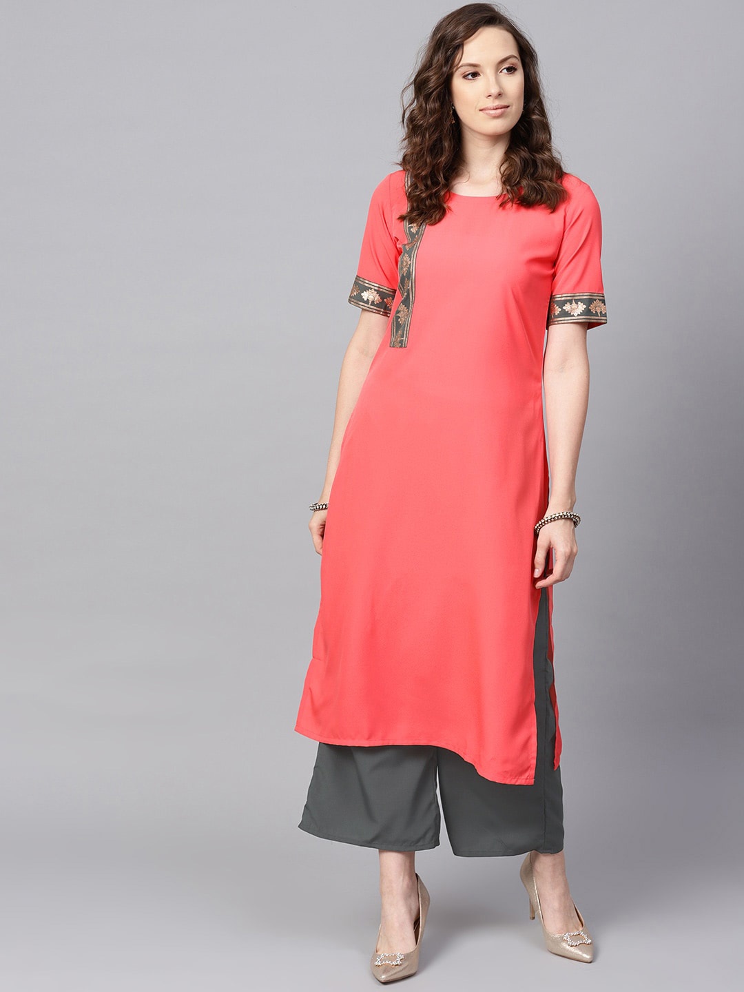 ZIYAA Round Neck Straight Fit Crepe Kurta, Coral