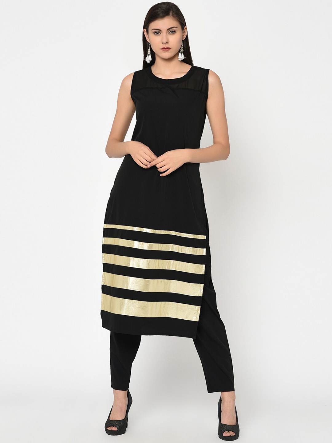

ZIYAA Striped Crepe Kurta, Black