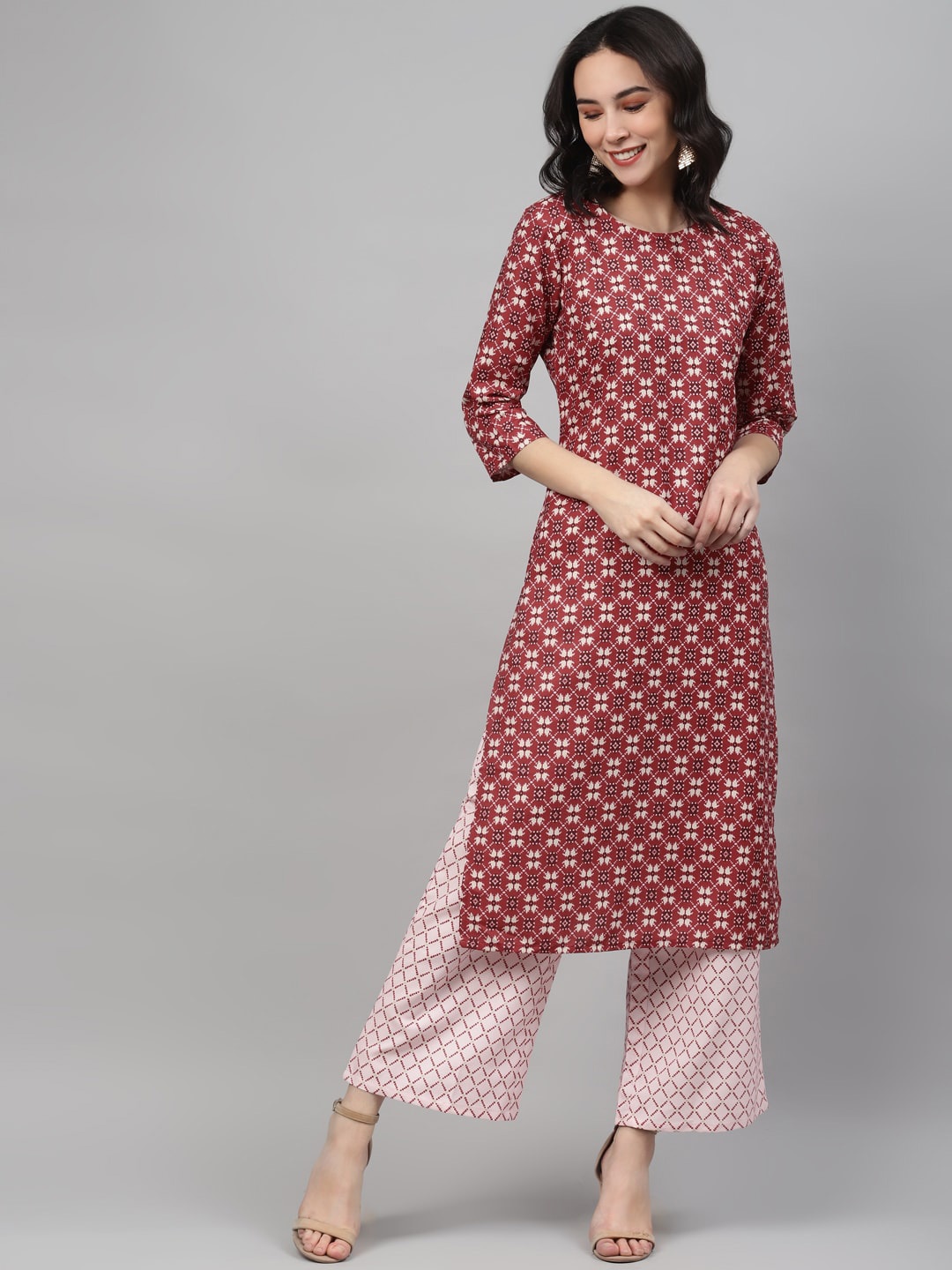 

ZIYAA Ethnic Motifs Printed Keyhole Neck Thread Work Kurta, Maroon