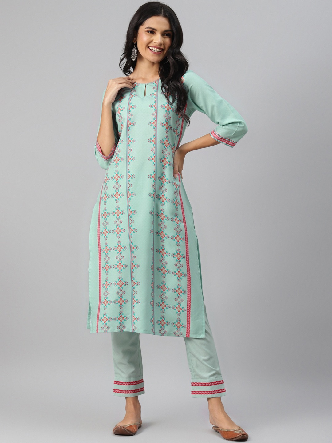 

ZIYAA Geometric Printed Keyhole Neck Kurta, Blue