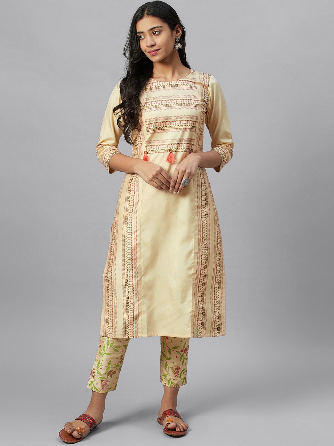 

ZIYAA Ethnic Motifs Yoke Design Printed Boat Neck Kurta, Cream