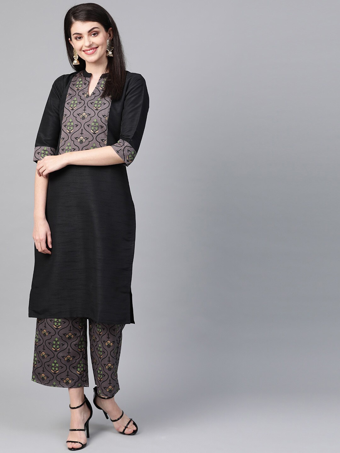 

ZIYAA Ethnic Motifs Yoke Design Flared Sleeves Kurta, Black