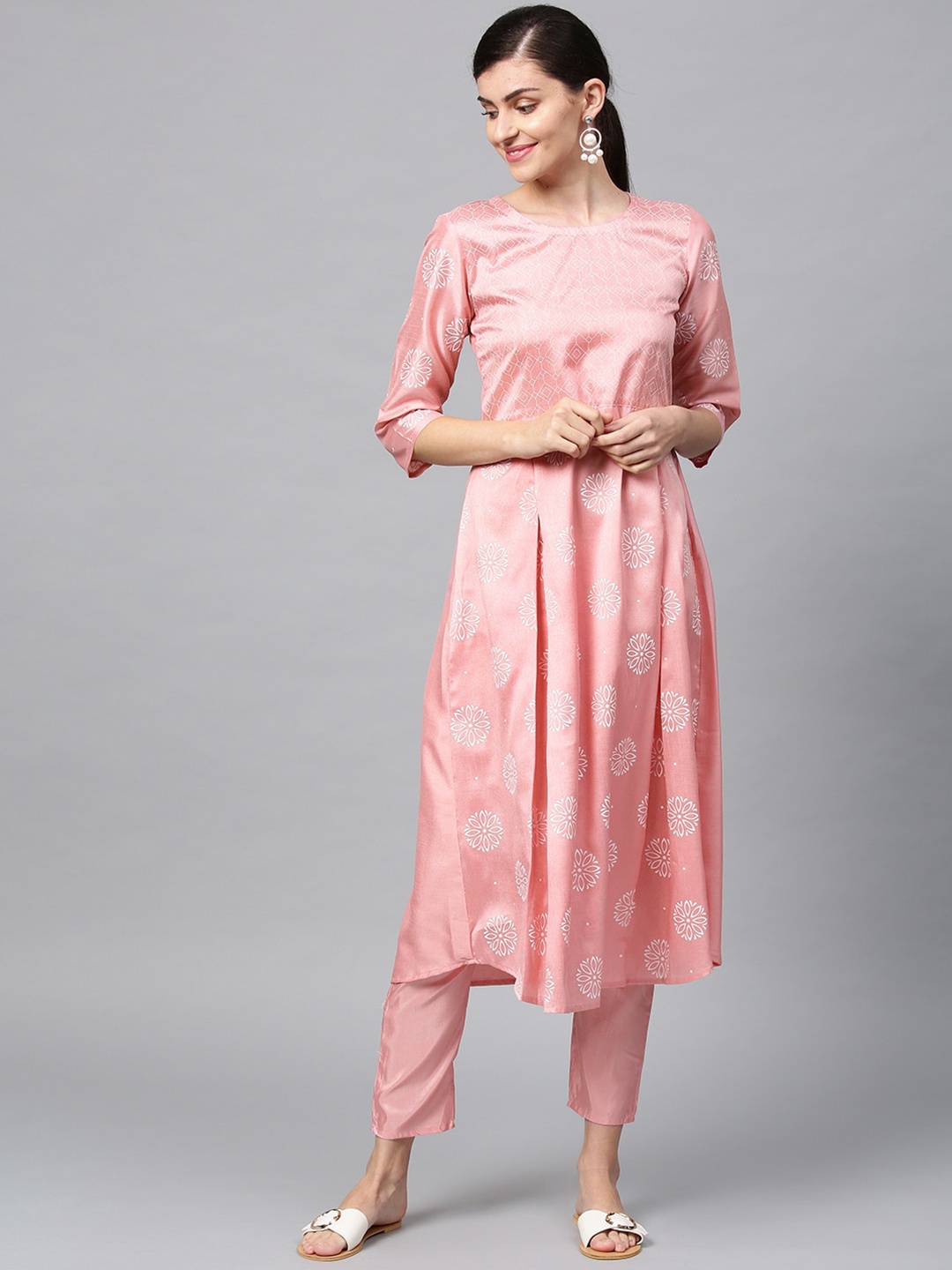 

ZIYAA Geometric Checked A-Line Regular Flared Kurta, Pink