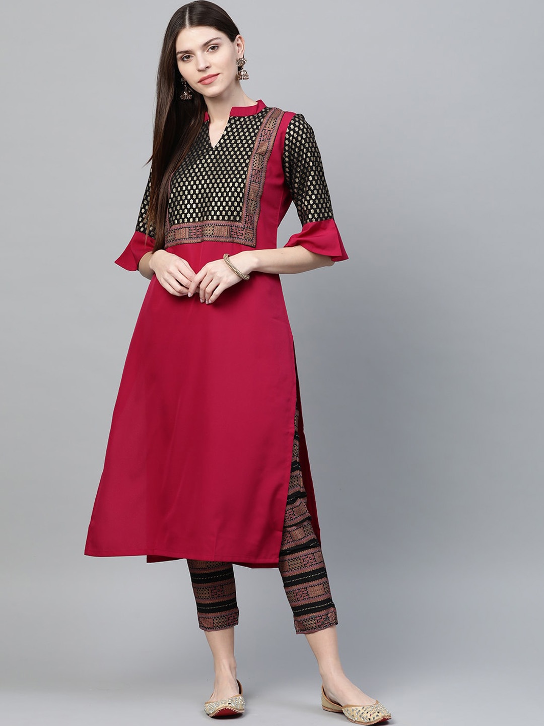 

ZIYAA Geometric Yoke Design Bell Sleeves Mandarin Collar Straight Pleated Kurta, Pink