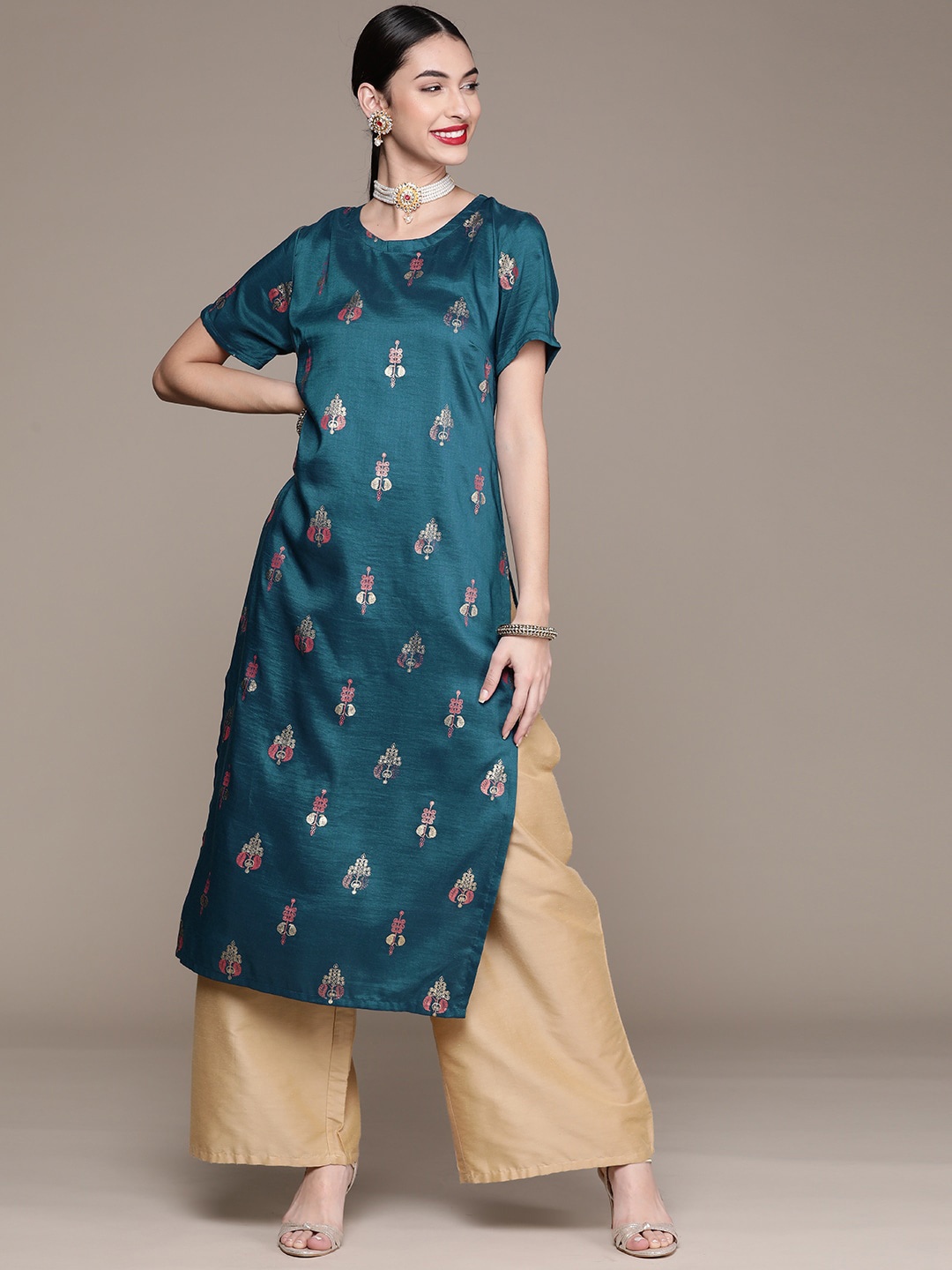 

ZIYAA Ethnic Motifs Embroidered A-Line Regular Kurta, Teal