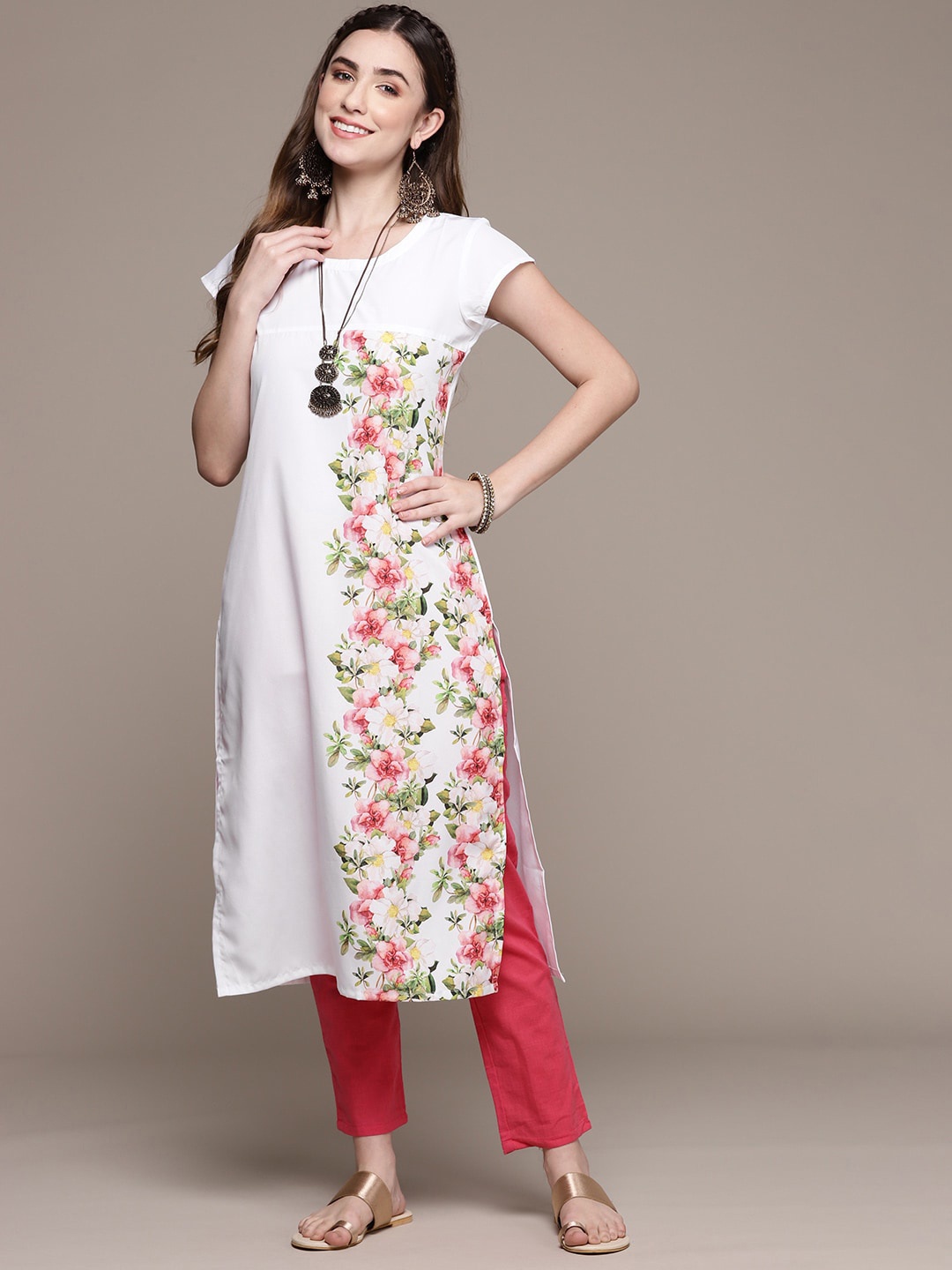 

ZIYAA Floral Printed Crepe Kurta, White