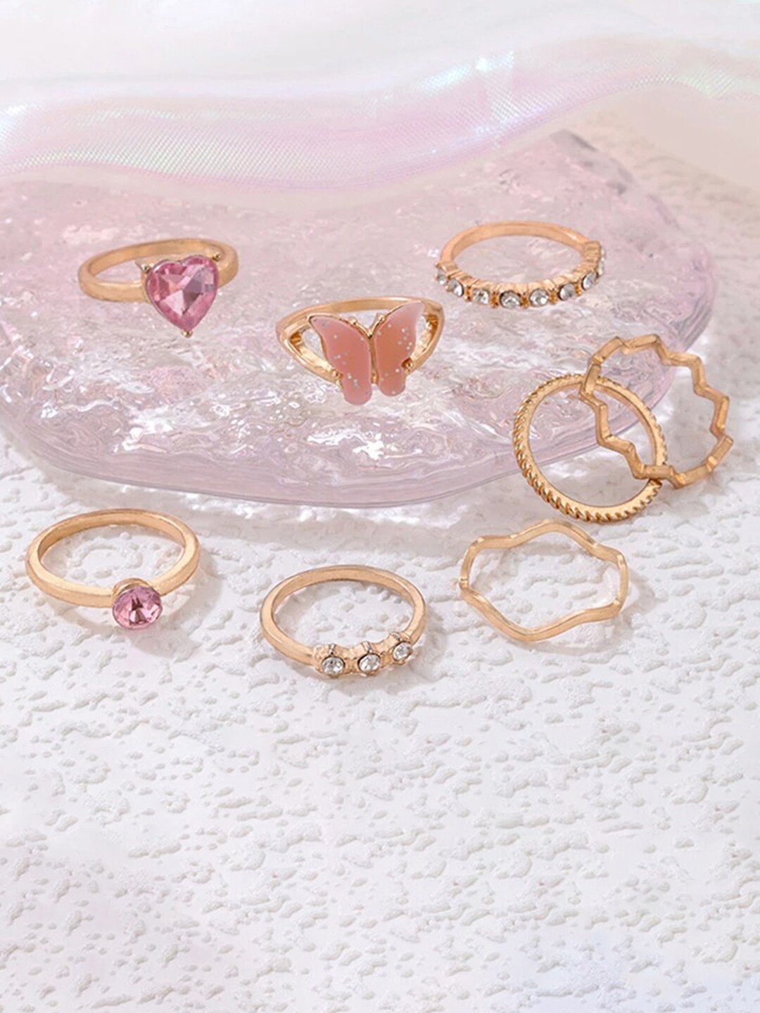 

Jewels Galaxy Women Set Of 8 Gold-Plated Stone Studded Butterfly Stackable Finger Rings